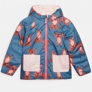 Patagonia reversible down hooded coat // bear print & pale pink // size 18-24mo